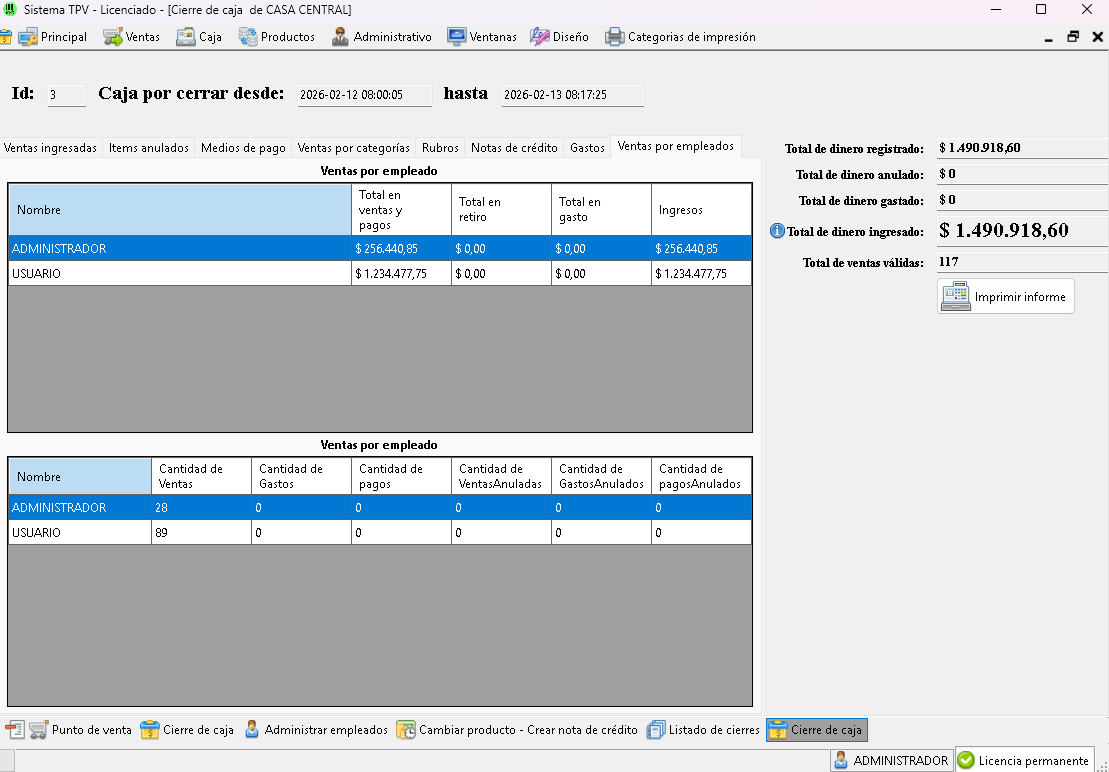 Cierre de Caja Sistema TPV